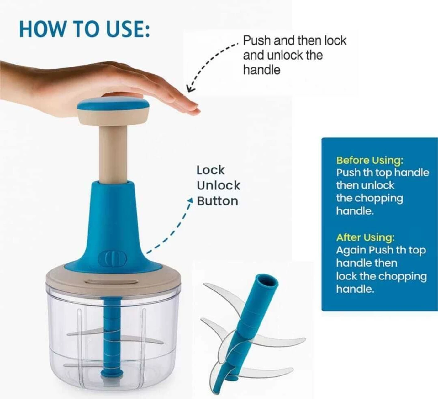 InstaChop Hand Press Vegetable Chopper Vegetable & Fruit Chopper (1 -Manual Push Chopper, 1 -Stainless Steel Blade (Pre-installed), 1 -Push Knob Lid) - Image 2