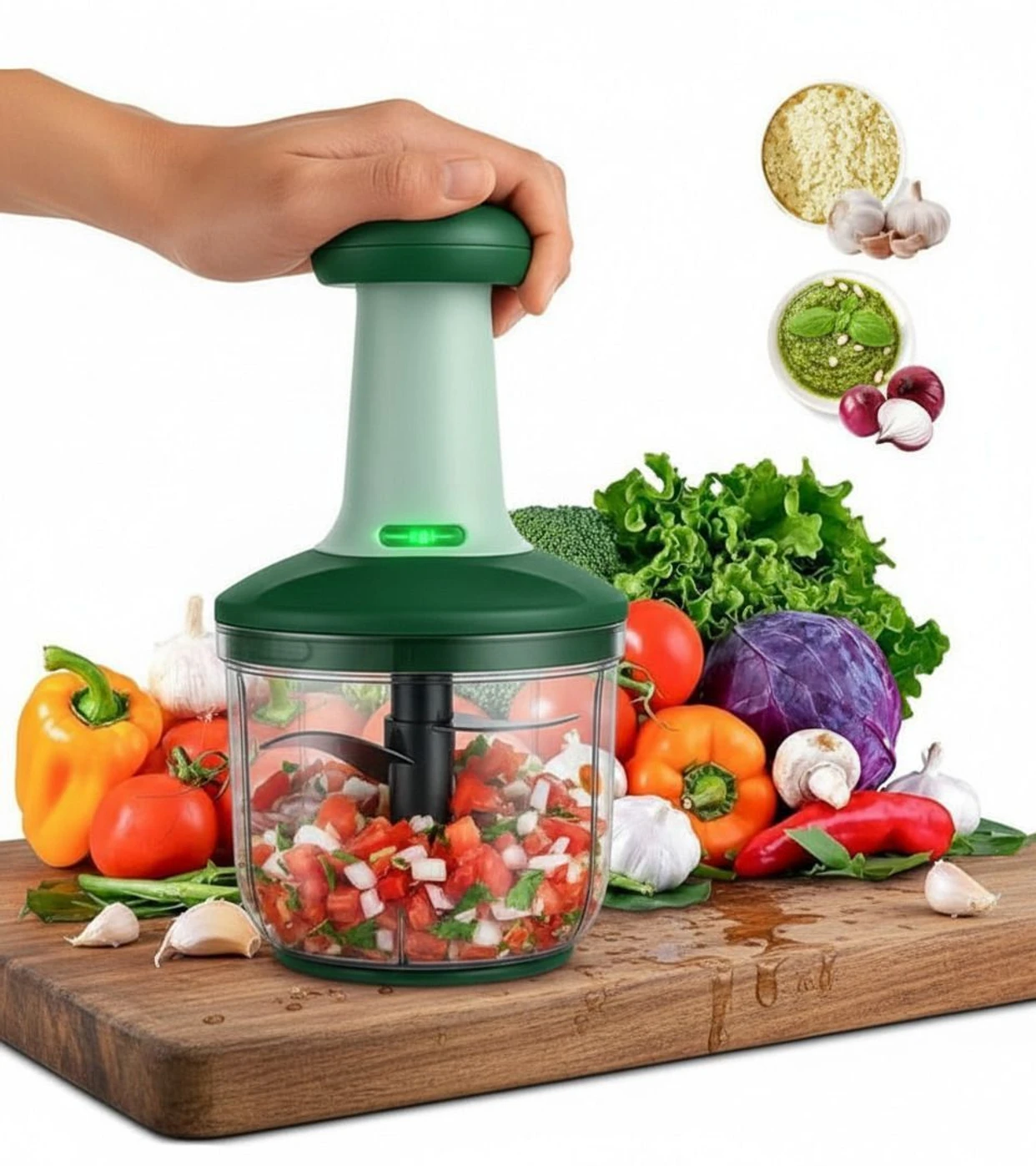InstaChop Hand Press Vegetable Chopper Vegetable & Fruit Chopper (1 -Manual Push Chopper, 1 -Stainless Steel Blade (Pre-installed), 1 -Push Knob Lid)