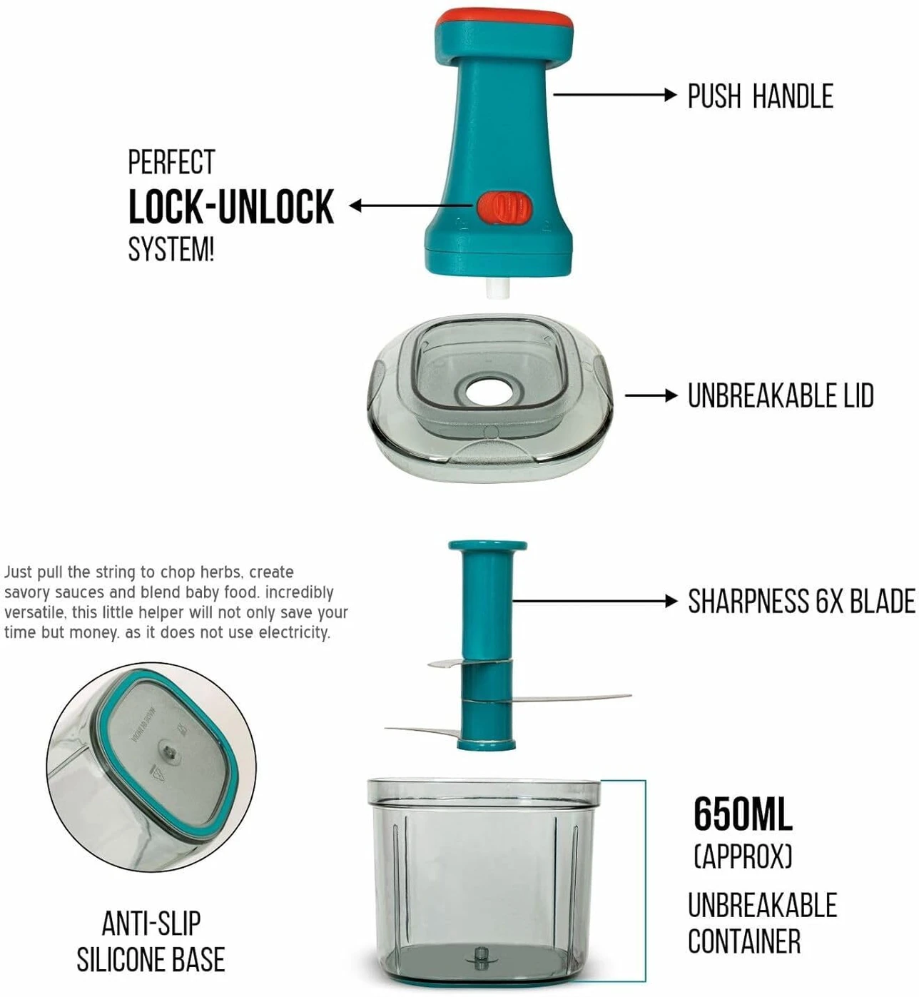 Vasukie Chopper for Kitchen use Push Chopper with 6 Blades - 1000ML Vegetable Chopper - Image 4